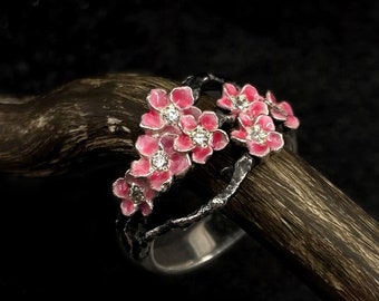 Handmade Sterling Silver Sakura Blossom Ring, Pink Enamel Floral Jewelry