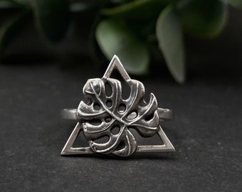 Sterling Silver Monstera Leaf Ring, Geometric Triangle Botanical Statement Ring