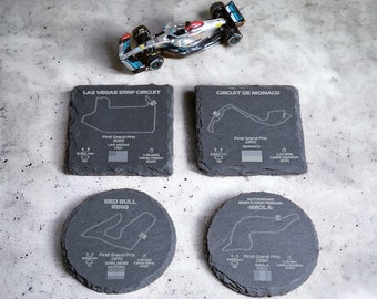 Sous-verres Formule 1 en ardoise, ronds ou carrés, gravés au laser, les 24 parcours de Formule 1 disponibles en 2024 !