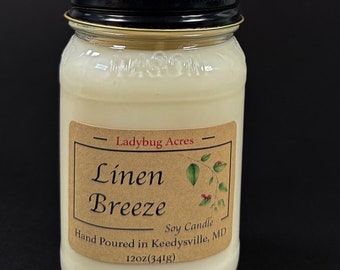 Linen Breeze / Soy Candle / 12 oz  Soy Candle / Hand Poured / Mason Jar / Calming/ Fresh / Quality Candles/ tiktok candle