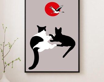 Minimalist Japanese Cat Love Art, Two Cats in Love Print, Zen Wall Art, Japandi Cat Illustration
