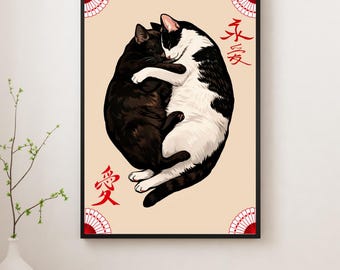 Yin Yang Katzen Wandkunst, Feng Shui Liebessymbol, ewige Liebe Katze Illustration, Japanisch inspirierter Kunstdruck, Katzenpaar Dekor