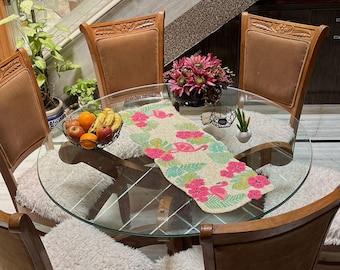 Camino de mesa floral bordado a mano – Elegante decoración artesanal de algodón para la mesa del comedor
