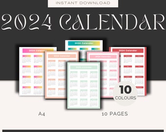 2024 Calendar 10 Colors, Digital Calendar, Wall Calendar, Printable Calendar, Minimalist Calendar, Office Calendar