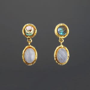 May include: A pair of gold-toned drop earrings. Each earring features a round, iridescent abalone shell accent at the top and a light blue oval stone at the bottom. The earrings have a textured gold frame and a simple hook closure.