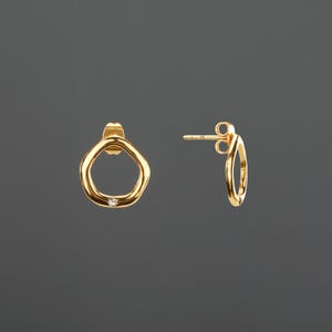 Gold Open Circle Stud Earrings with CZ | Minimalist Organic Hoop Studs | Tiny Diamond Accent Earrings | Everyday Gold Jewelry Gift