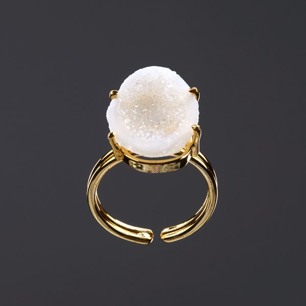 opened white quartz geode ring on double brass wire band, half oval geode brass ring.
