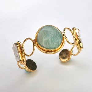Five natural stone cuff with amazonite and baroque pearls on brass loop connectors,big round amazonite on brass wire cuff