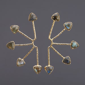labradorite starburst earrings, radiating labradorite earrings,gold tone five spoke spike earrings,half circle hoop earrings