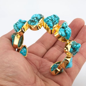 Large raw turquoise stone chain cuff,bezeled rough turquoise cuff,December birth cuff bracelet,blue stone cuff
