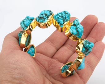 Grande manchette chaîne avec pierres turquoises, manchette avec lunette turquoise, bracelet manchette de naissance de décembre