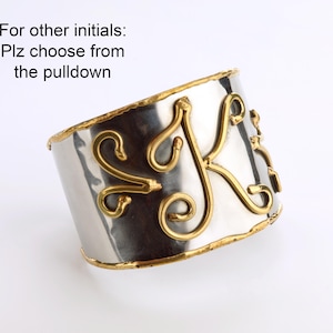 Gold Initial Cuff Bracelet – Two Tone Stainless Steel & Brass Monogram Bracelet – Personalized Statement Cuff – Custom Letter Jewelry 6"-7"