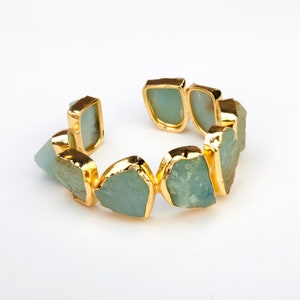 Large rough aquamarine chain cuff bracelet,bezeled raw aquamarine cuff,March birth cuff bracelet