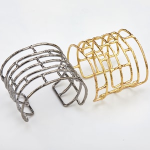 Wide textured brass wire frame cuff bracelet,gold or black tone