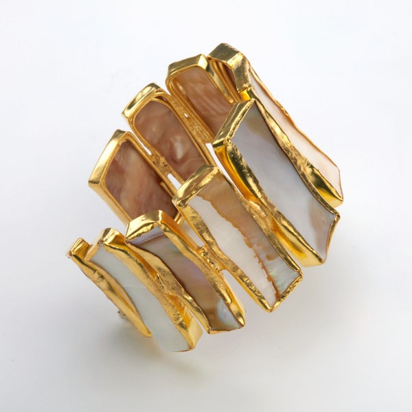 Brazalete de cadena grande de nácar, brazalete grande de nácar con bisel, brazalete de nacimiento de junio, brazalete de regalo de abuela