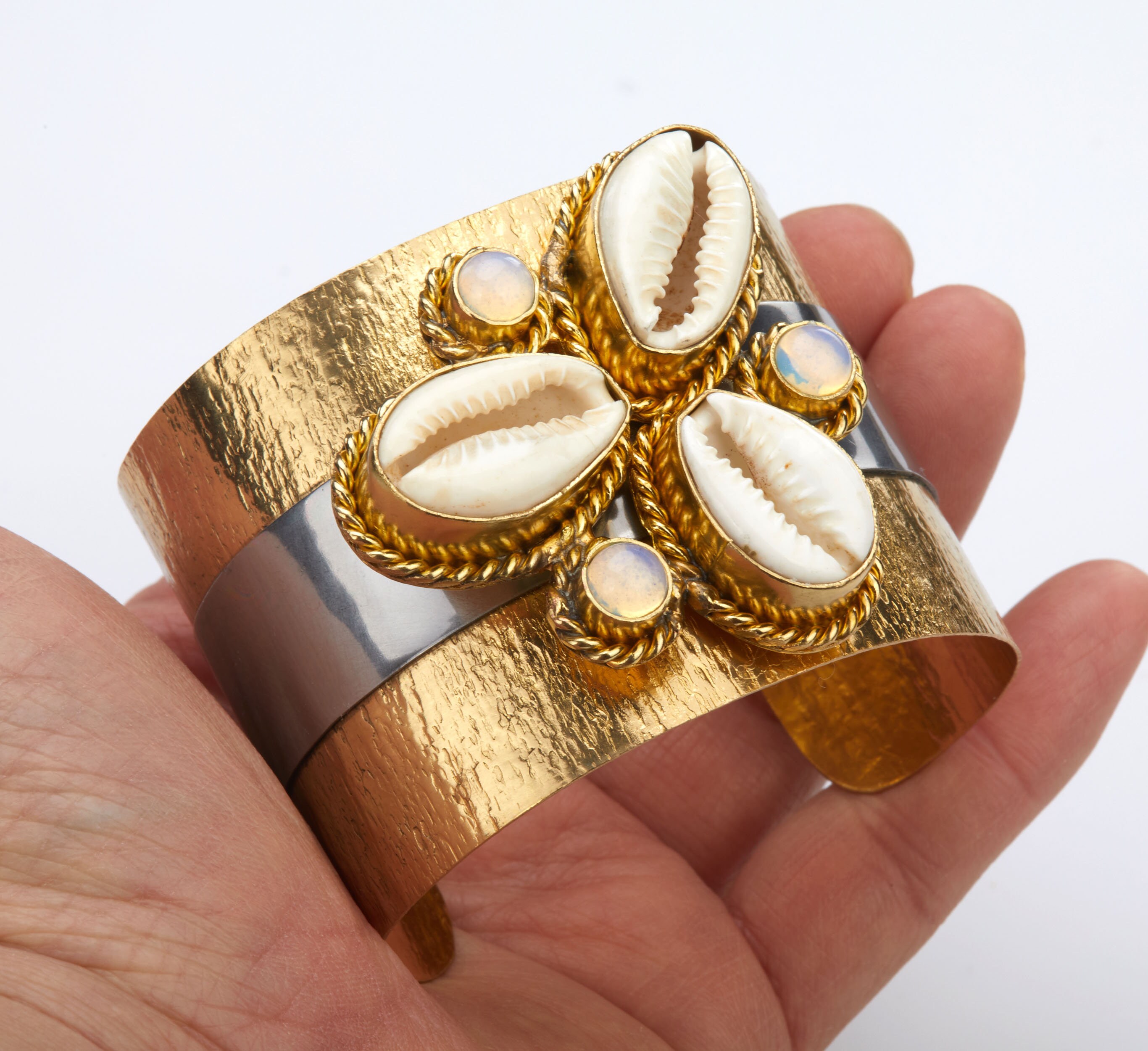 Shell Cuff Three Lobe Cowrie Shell and Opalite on Wide Steel Brass Cuff,textured ...