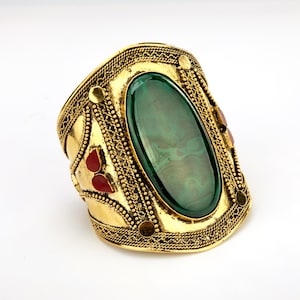 Extra Large oblong malachite on wide ornate brass band cuff,Tibetan style very large oval malachite,intense green stone statement cuff