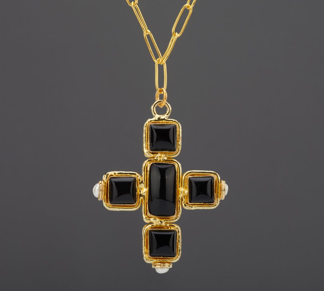 Graziella 23K Gold Plated Carved Resin & Black Onyx Cross Earrings