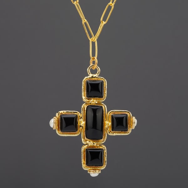 Collar con cruz de ónix negro enmarcado con cadena con clip de papel, collar con cruz con bisel engastado con ónix negro cuadrado y perla, joyería de fe, regalo para madre
