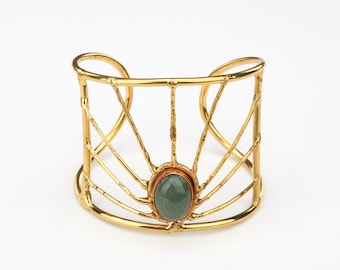 Oval green jade on wide brass wire cuff, Very wide brass frame cuff radiating rays pattern, green jade statement cuff