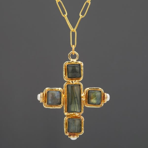 Collar de cruz de labradorita enmarcada con cadena con clip de papel, collar de cruz con engaste de bisel de labradorita cuadrada y perla, joyería de fe, regalo para madre