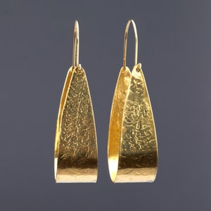 Very large textured bent brass plate hoop earring, large gold toned brass swing seat earring, party dress earring