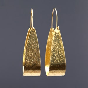Very large textured bent brass plate hoop earring, large gold toned brass swing seat earring, party dress earring