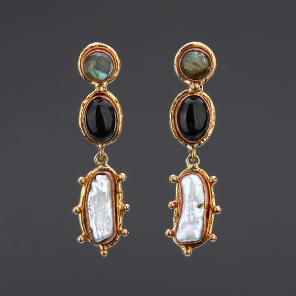 three tier baroque pearl earring with labradorite black onyx,mixed stone and geometry earrings,June birth earrings,statement pearl earrings