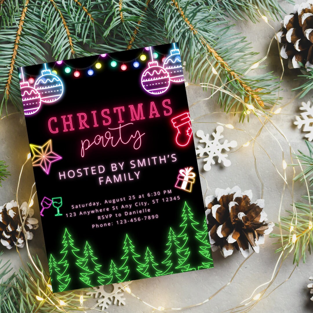 Editable Neon Christmas Party Invitation Template Neon Etsy
