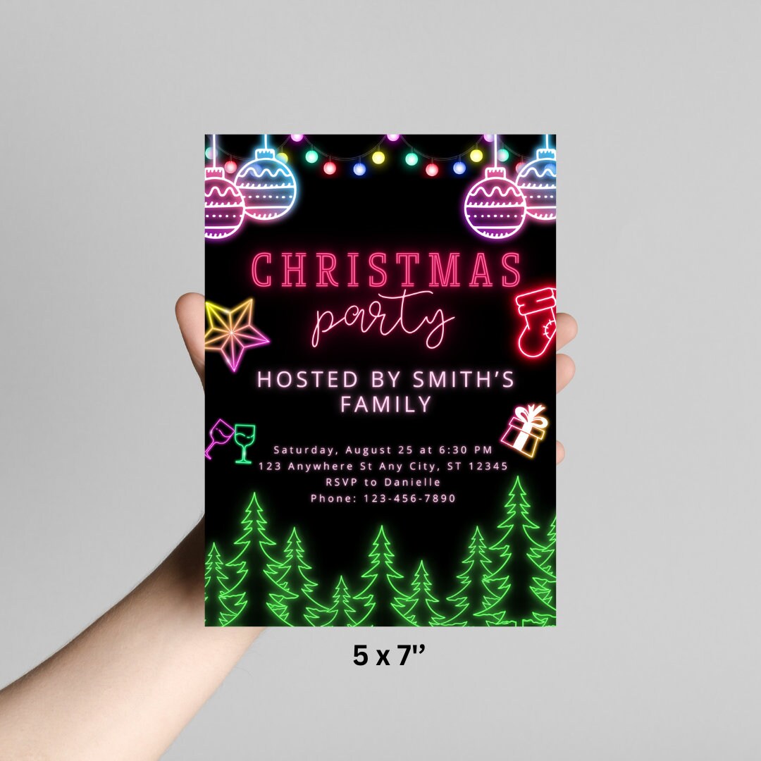 Editable Neon Christmas Party Invitation Template Neon Etsy