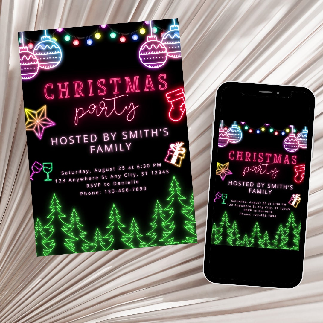 Editable Neon Christmas Party Invitation Template Neon - Etsy