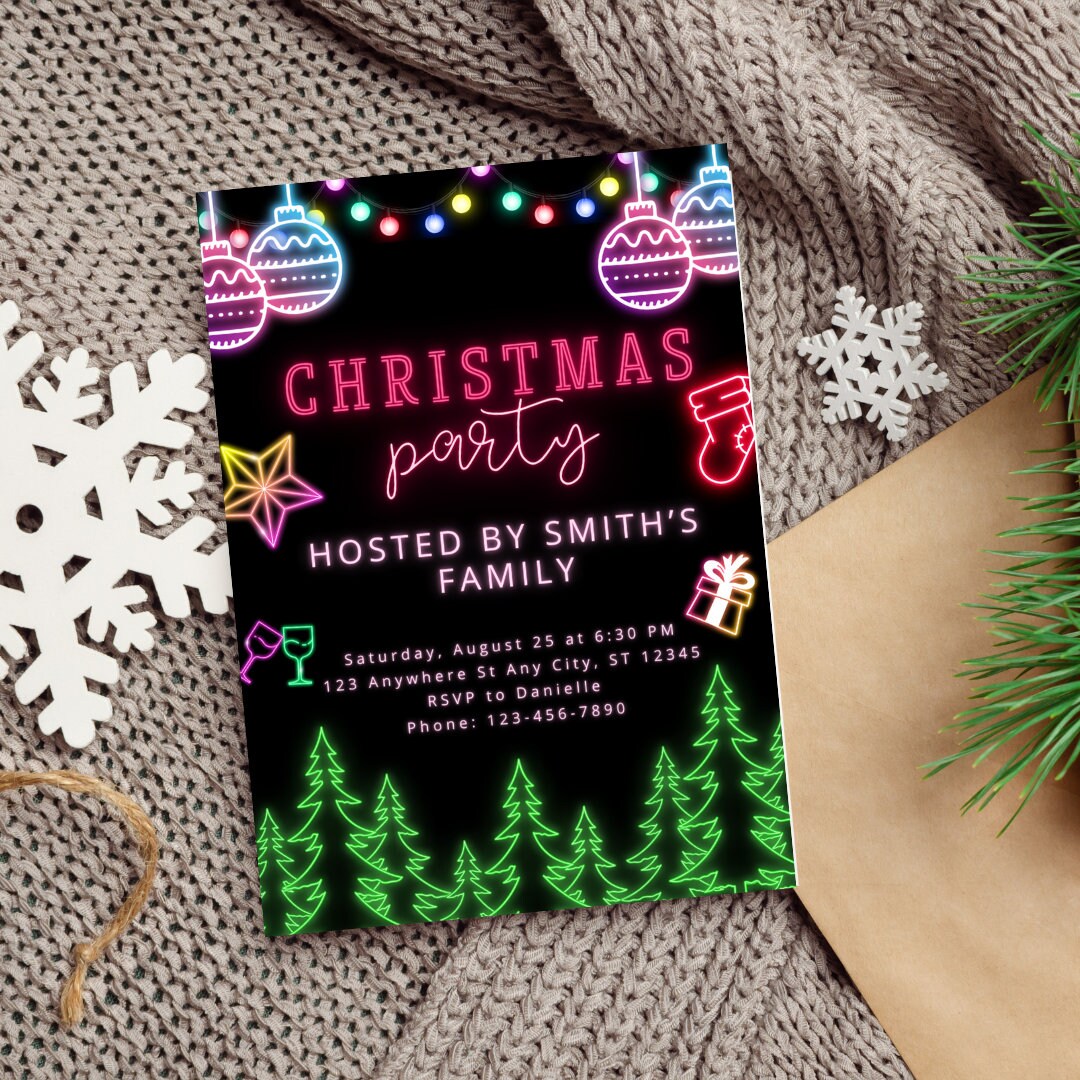 Editable Neon Christmas Party Invitation Template Neon Etsy
