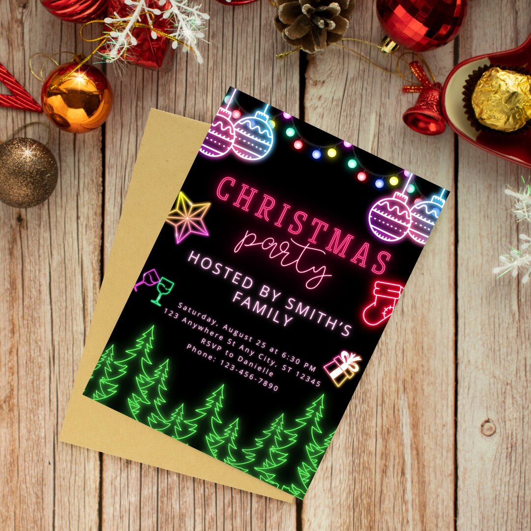 Editable Neon Christmas Party Invitation Template Neon Etsy