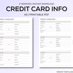Kreditkarten Info Tracker | A5 Druckbare Einlage | Karte Organizer PIN und Passwort eingeben | Finanzierungsbogen PDF | Sofort Download