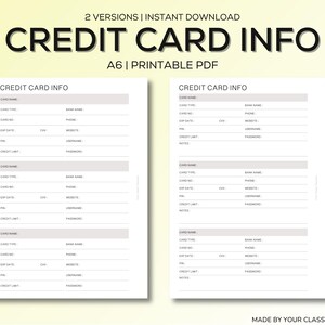 Informações do cartão de crédito A6 para impressão | Inserir registro de detalhes do cartão | Registros financeiros em PDF | Planilha de rastreamento de senhas | Inserir planejador | Download instantâneo
