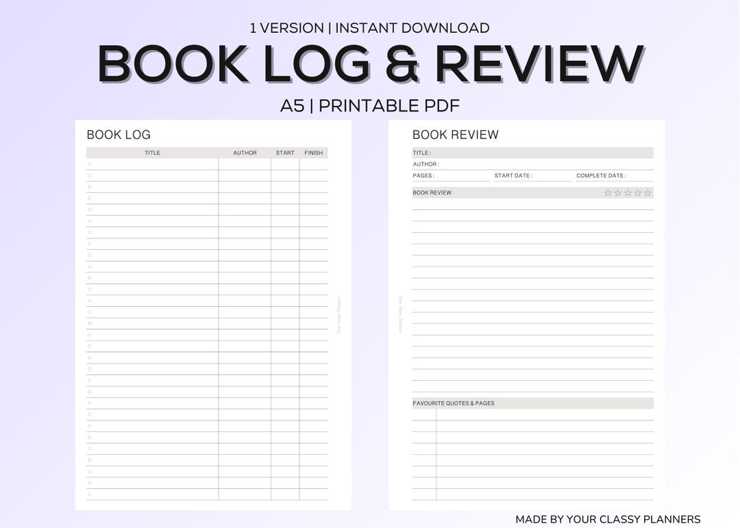 Review Log A5 Book Log & Review Printable, Reading Journal Tracker, Book Review ...