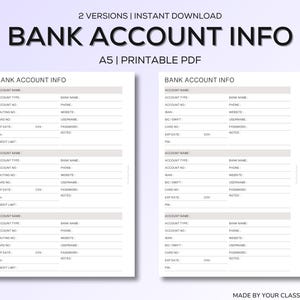 Tracker bankrekeninggegevens | Afdrukbare A5-bijsluiter | Accountorganisator | Logboek pincode en wachtwoord | IBAN-routeringsindeling | Pdf direct downloaden
