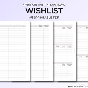 Wishlist Planner | A5 Printable Insert | Wish List Log | Need vs Want Tracker | Shopping List | Minimal Planner PDF | Instant Download