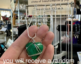 one RANDOM wire wrapped Malachite Puffy Heart on Necklace