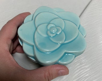 Ceramic Aqua Blue Flower Shaped Trinket Box Thrifted Home Decor