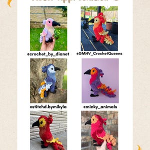 May include: A collage of six colorful, crocheted bird figures. Each bird has a unique color scheme, including red, purple, blue, and yellow. The text "Tester Appreciation <3" is at the top. Social media handles are listed below each bird.