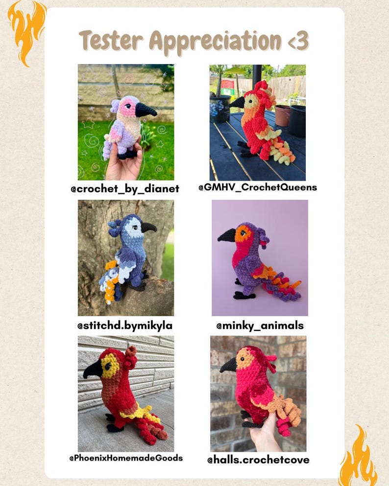 May include: A collage of six colorful, crocheted bird figures. Each bird has a unique color scheme, including red, purple, blue, and yellow. The text "Tester Appreciation <3" is at the top. Social media handles are listed below each bird.