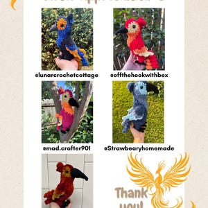May include: A collage of five handmade crochet bird figurines in various colors, including blue, red, and orange. The text "Tester Appreciation <3" and "Thank you!" are displayed, along with social media handles.