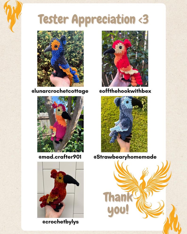 May include: A collage of five handmade crochet bird figurines in various colors, including blue, red, and orange. The text "Tester Appreciation <3" and "Thank you!" are displayed, along with social media handles.
