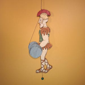 Flat Wooden Jumping Jack Puppets - Roman Gladiator, Hand-painted, Inspired by 19th-Century Circus Aesthetics, Czech wooden puppet, vintage