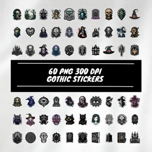 Op de afbeelding: Een verzameling van 60 gothic stickers in PNG-formaat met 300 DPI, met ontwerpen zoals schedels, heksen en gotische architectuur. De afbeelding bevat de tekst: '60 PNG 300 DPI GOTHIC STICKERS'.