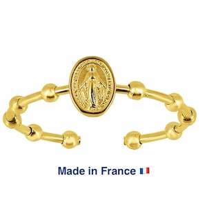 Anillo ajustable de oro de 18 quilates con medalla milagrosa de la Virgen María de 6 mm, oro macizo de 18 quilates, joyería católica, anillo de oro para mujer
