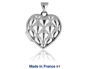 925 Sterling Silver Quilted Heart shaped Folding Photo Locket Necklace with Zirconia