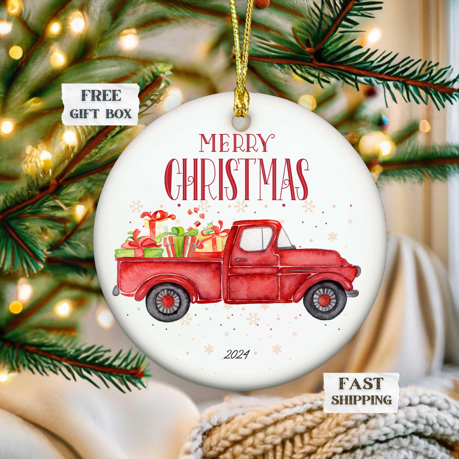 Vintage Red Truck 2024 Christmas Ornament, Red Car Ornaments, Gift for