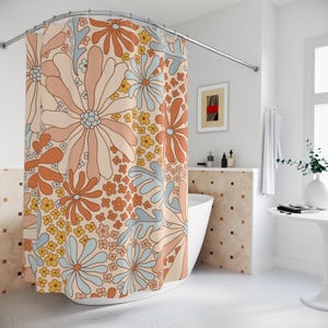 Retro Floral Shower Curtain: 70s Boho Bathroom Decor